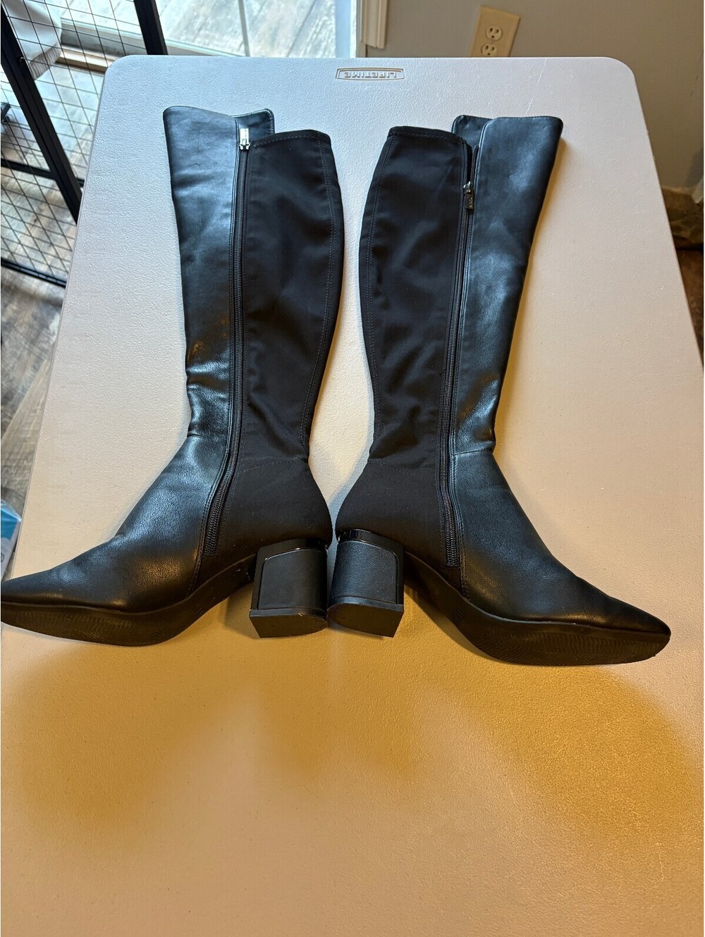 DKNY Black Leather and Fabric Knee High Boots with Block Heel Size 7M